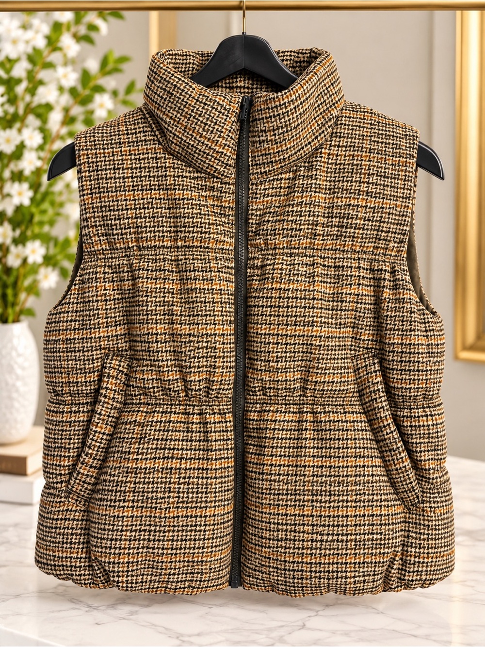H&M Quilted Houndstooth Vest - Tan, Black